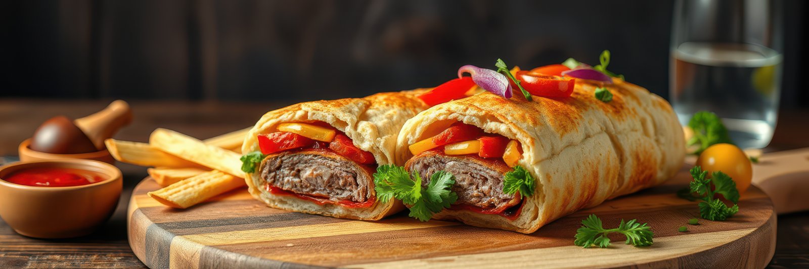 Delicious wrap with meat and vegetables served with fries for a satisfying meal at a cozy restaurant